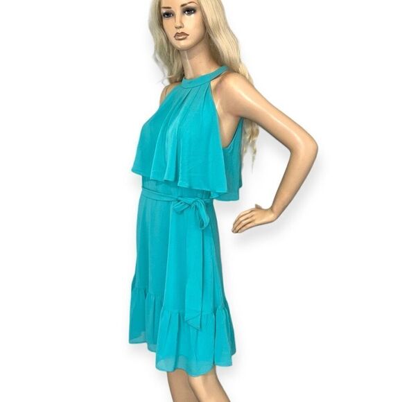 ELIZA J Halter Neck Tiered Popover Dress In Turquoise Blue Size 10 NEW - Picture 3 of 11